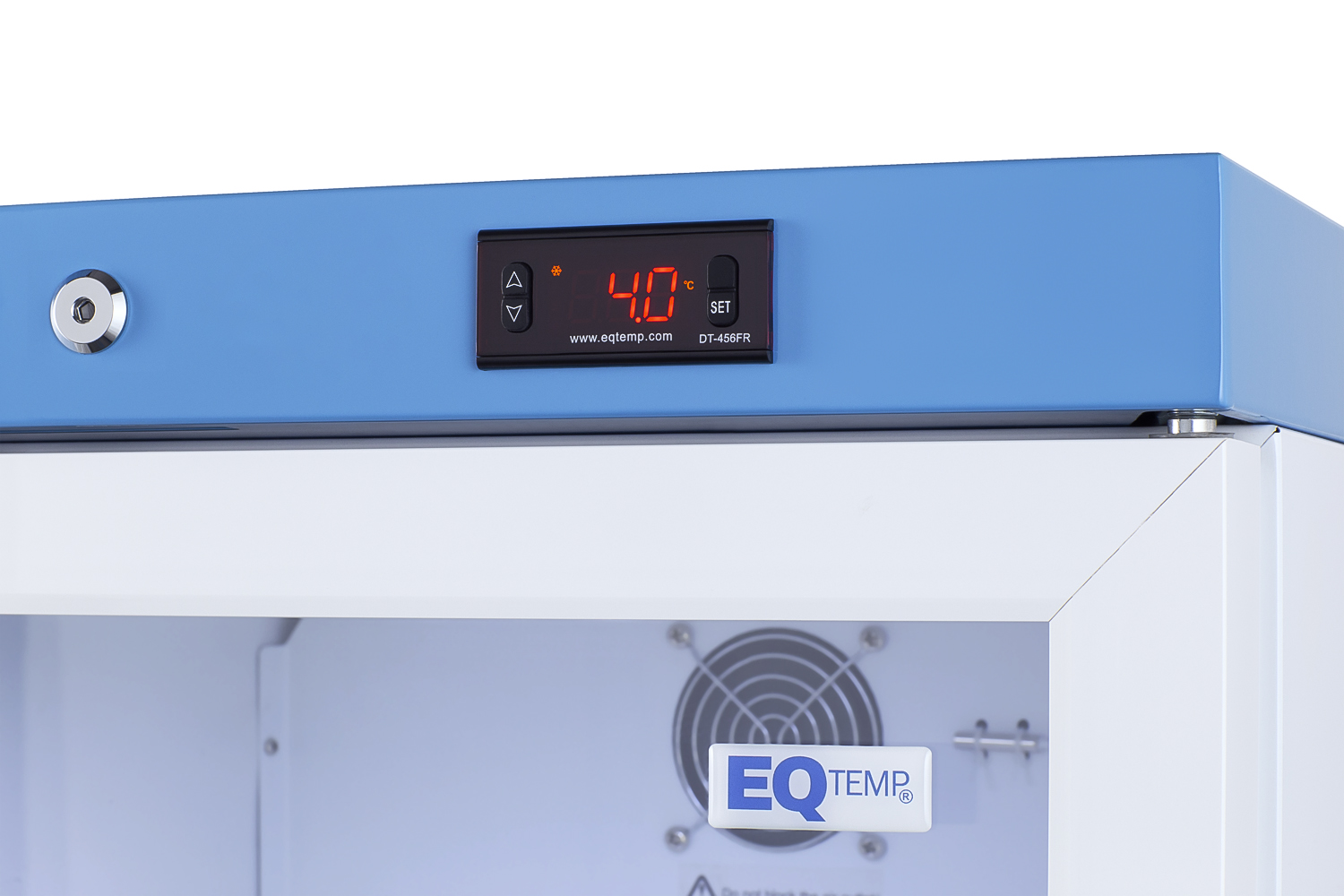 Built-In healthcare all-refrigerator certified to NSF/ANSI 456 with self-closing glass door, front lock, digital controls, and NIST calibrated temperature readout